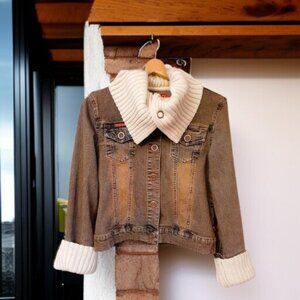 Vintage Earthy Rustic Sweater Jean Jacket Distressed w/brass snaps Sz M EUC